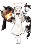  1girl aircraft barefoot dress full_body highres holding horns kantai_collection long_hair looking_at_viewer mittens northern_ocean_hime nuko-d pale_skin red_eyes shinkaisei-kan simple_background sketch sleeveless sleeveless_dress solo standing toes white_background white_hair 