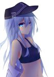  1girl bare_shoulders blue_eyes hat hibiki_(kantai_collection) highres kantai_collection long_hair looking_at_viewer navel open_clothes open_shirt silver_hair solo sports_bra suteba_(grzjkbhgf) undressing white_background 