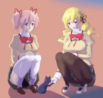  2girls alternate_breast_size black_legwear blonde_hair blush breasts cat drill_hair evuoaniramu hair_ornament hair_ribbon hairpin highres huge_breasts kaname_madoka long_hair mahou_shoujo_madoka_magica multiple_girls open_mouth pantyhose pink_eyes pink_hair puffy_sleeves ribbon school_uniform short_hair short_twintails sitting thigh-highs tomoe_mami twin_drills twintails white_legwear yellow_eyes 