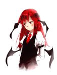  1girl :/ armband arms_behind_back bat_wings blush bust dress_shirt head_wings highres koakuma long_hair long_sleeves looking_away low_wings nagata_nagato necktie red_eyes redhead shirt simple_background solo tears touhou vest white_background white_shirt wings 