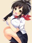  1girl asa_no_ha asuka_(senran_kagura) breasts brown_eyes brown_hair huge_breasts makizushi open_mouth scarf senran_kagura senran_kagura_(series) short_hair skirt smile solo sushi thighs 