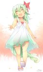  1girl :d absurdres alternate_costume blush child dress ex-keine fang green_hair highres horn_bow horns kamishirasawa_keine kokka_han open_mouth sandals see-through_silhouette smile solo tail touhou younger 