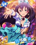  1girl :d antenna_hair black_hair blue_eyes character_name earrings ganaha_hibiki heart idolmaster idolmaster_million_live! jewelry long_hair looking_at_viewer microphone necklace official_art open_mouth ponytail signature skirt smile solo sparkle wireless wristband 