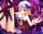  1girl bare_arms bare_shoulders blonde_hair bottle bow butterfly collarbone flandre_scarlet hat hat_bow heterochromia highres kneepits leg_ribbon legs_up looking_at_viewer lying mob_cap nightgown on_back pillow purple_nails renkarua smile solo stuffed_animal stuffed_toy teddy_bear tongue tongue_out touhou wings wrist_cuffs 