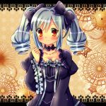  1girl bow breasts brown_eyes chocolat_(momoiro_piano) choker cleavage drill_hair frills gothic_lolita hair_bow hair_ribbon idolmaster idolmaster_cinderella_girls kanzaki_ranko lolita_fashion looking_at_viewer ribbon silver_hair smile solo twin_drills 