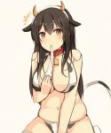  /\/\/\ 1girl akagi_(kantai_collection) alternate_costume animal_ears bell bell_collar bikini black_hair blush breasts brown_eyes cleavage collar cow_bell cow_ears cow_girl cow_print cow_tail highres horns kantai_collection large_breasts long_hair looking_at_viewer navel plump shuuichi simple_background solo swimsuit tail thigh-highs 