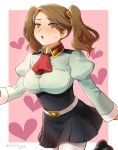  1girl belt blush breasts brown_eyes brown_hair character_name cowboy_shot gundam gundam_build_fighters gundam_build_fighters_try heart heart-shaped_pupils large_breasts long_hair long_sleeves mizuhara_aki pantyhose puffy_long_sleeves puffy_sleeves sazaki_kaoruko skirt solo symbol-shaped_pupils twintails 