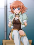  1girl arms_behind_back asymmetrical_clothes bakugan bakugan_new_vestroia blue_eyes boots breasts choker earrings jewelry mira_fermen open_mouth orange_hair short_hair thigh-highs white_legwear 