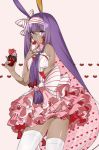  1girl animal_ears bangs bow commentary_request cupcake dark_skin dress eyebrows_visible_through_hair fate/grand_order fate_(series) feet_out_of_frame food food_on_face frilled_skirt frills hair_between_eyes hair_bow highres long_hair nitocris_(fate/grand_order) purple_hair simple_background sino42 skirt solo thigh-highs thighs very_long_hair violet_eyes white_legwear zettai_ryouiki 