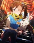  1girl brown_eyes brown_hair fan futami_mami grin hair_ornament idolmaster idolmaster_million_live! lantern looking_at_viewer official_art one_eye_closed paper_lantern scarf side_ponytail smile solo thigh-highs torii v 