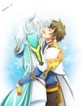  2boys brown_hair closed_eyes couple haruto.s highres incipient_kiss long_hair mikleo_(tales) multiple_boys ponytail smile sorey_(tales) spoilers tales_of_(series) tales_of_zestiria white_hair yaoi 