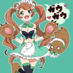  1girl animal_ears apron aqua_eyes bare_shoulders bear bear_ears bear_paw bear_paws blush bow breasts brown_hair claws fang fangs green_background green_ribbon green_skirt headdress long_hair looking_at_viewer maid maid_apron maid_headdress midriff mofu_shougun neck_ribbon open_mouth ribbon skirt thigh-highs twintails very_long_hair yuri_kuma_arashi yurigasaki_lulu 