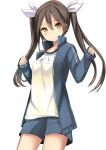  1girl absurdres blush brown_eyes brown_hair haik hair_ribbon highres kantai_collection long_hair looking_at_viewer ribbon shorts simple_background sketch smile solo tone_(kantai_collection) track_jacket twintails white_background 