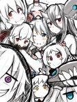  &gt;_&lt; 6+girls aircraft_carrier_hime airfield_hime atsushi_(aaa-bbb) black_eyes black_hair blue_eyes blush chewing crumbs double_v eating flying_sweatdrops grin headgear hoodie horns houshou_(kantai_collection) hug i-class_destroyer kantai_collection long_skirt midway_hime multiple_girls northern_ocean_hime one_eye_closed open_mouth ponytail re-class_battleship red_eyes seaport_hime shinkaisei-kan short_hair sketch skirt smile v violet_eyes white_hair white_skin wo-class_aircraft_carrier yellow_eyes 