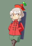  1girl alternate_costume brown_eyes case hands_in_pockets hat jirousan21 lyrica_prismriver short_hair silver_hair smile solo touhou winter_clothes 