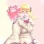  2girls asymmetrical_docking blonde_hair blush breast_press breasts cheek_kiss drill_hair evuoaniramu hair_ribbon huge_breasts kaname_madoka kiss mahou_shoujo_madoka_magica multiple_girls open_mouth pink_hair ribbon school_uniform short_hair short_twintails surprised tomoe_mami twin_drills twintails yellow_eyes yuri 