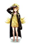  1girl bakemonogatari barefoot blonde_hair coat dress full_body hat ichinose777 long_hair looking_at_viewer monogatari_(series) oshino_shinobu peaked_cap salute solo standing white_background yellow_eyes 