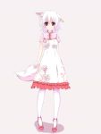  1girl alternate_costume animal_ears asn_s blush breasts casual dress grey_background inubashiri_momiji looking_at_viewer no_hat pantyhose red_eyes short_hair silver_hair simple_background smile solo tail touhou white_legwear wolf_ears wolf_tail 