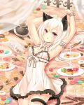  1girl animal_ears armpits arms_up bed_sheet cat_ears cat_tail chemise fuya_(tempupupu) lingerie looking_at_viewer original parted_lips pink_eyes small_breasts tail underwear white_hair 