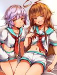  2girls ahoge brown_eyes brown_hair crop_top crop_top_overhang fang kantai_collection kuma_(kantai_collection) long_hair looking_at_viewer mataichi_matarou midriff multiple_girls navel open_mouth purple_hair school_uniform serafuku short_hair shorts smile tama_(kantai_collection) 