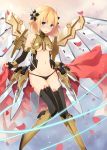  1girl black_gloves blonde_hair blue_eyes blush breasts chestnut_mouth elbow_gloves fingerless_gloves gloves headgear highres long_hair looking_at_viewer mecha_musume mechanical_wings mound_of_venus o-ring_bottom original petals solo thigh-highs under_boob wind wings yon_(letter) 
