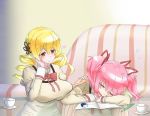  2girls blonde_hair blush breast_press breasts closed_eyes drill_hair drooling evuoaniramu glass_table hair_ornament hairpin huge_breasts kaname_madoka mahou_shoujo_madoka_magica multiple_girls open_mouth pink_hair puffy_sleeves school_uniform short_hair short_twintails sleeping tomoe_mami twin_drills twintails yellow_eyes 