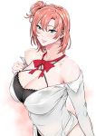  1girl bare_shoulders blue_eyes breasts cleavage fei_(maidoll) highres large_breasts light_smile lipstick long_hair looking_at_viewer makeup redhead simple_background solo white_background yahari_ore_no_seishun_lovecome_wa_machigatteiru. yuigahama_yui 