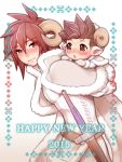  2015 2boys baby blush brown_eyes brown_hair carrying father_and_son folks_(nabokof) happy_new_year horns kratos_aurion lloyd_irving male_focus multiple_boys new_year red_eyes redhead shawl sheep_horns smile spiky_hair spoilers sword tales_of_(series) tales_of_symphonia weapon younger 
