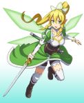  1girl bike_shorts blonde_hair boots breasts brown_boots fairy_wings green_eyes highres knee_boots leafa long_hair pointy_ears ponytail sheath sword sword_art_online weapon wings you_(maumauyo) 