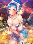  1girl blue_hair blush bracelet breasts cleavage flower food fruit hairband jewelry large_breasts mole naked_towel necklace onsen orange original ponytail sky smile solo towel water yellow_eyes 