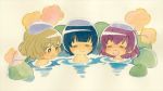  3girls bath bathhouse bathing blue_hair blush highres komiya_nonoka mizusaka_yuzuki multiple_girls noel_(sora_no_method) nude shiihara_koharu short_hair sitting smile sora_no_method steam towel traditional_media water watercolor_(medium) wet 