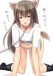  1girl all_fours animal_ears blush brown_eyes brown_hair chain collar dog_ears dog_tail feesu_(rinc7600) hair_down highres isonami_(kantai_collection) kantai_collection kemonomimi_mode long_hair looking_at_viewer no_pants open_mouth panties solo tail translation_request underwear white_panties 