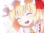  1girl ascot blonde_hair blush bow closed_eyes fangs flandre_scarlet hat hat_bow mount_whip red_eyes smile solo touhou white_background 