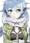  1girl aqua_hair asada_shino blue_eyes blue_hair breasts cleavage frown green_jacket hair_ornament hairclip jacket long_sleeves scarf shinon_(sao) short_hair simple_background solo sword_art_online white_background 