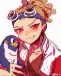  1boy bird blush bust face goggles goggles_on_head grin inazuma_eleven inazuma_eleven_(series) kai_ri kidou_yuuto looking_at_viewer male_focus penguin red_eyes smile solo twitter_username white_background 