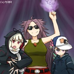  &gt;:) 3girls ahoge akebono_(kantai_collection) alternate_costume grey_eyes grey_hair hair_ornament hairclip hamu_koutarou hat jacket jun&#039;you_(kantai_collection) kantai_collection long_hair magatama multiple_girls open_mouth purple_hair red_eyes side_ponytail sketch smile sunglasses sweater yuudachi_(kantai_collection) 