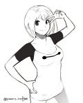  1girl artist_name baymax big_hero_6 bottomless breasts cleavage highres looking_at_viewer monochrome no_pants original poaro raglan_sleeves smile solo v white_background 