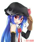  1girl adapted_costume bare_shoulders blue_hair blush cabbie_hat detached_sleeves embarrassed flat_chest gloves hair_between_eyes hat highres hinanawi_tenshi long_hair open_mouth red_eyes shirt sleeveless sleeveless_shirt touhou white_shirt 