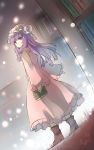  1girl book bookshelf boots crescent_hair_ornament expressionless frills full_body hair_ornament highres light_particles long_hair looking_at_viewer looking_back mob_cap pajamas patchouli_knowledge purple_hair solo standing tare_nu_(usesase) touhou violet_eyes 