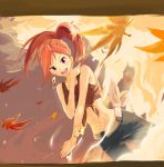  1girl asuna_(pokemon) bare_shoulders honomaji leaf maple_leaf midriff navel pokemon pokemon_(game) pokemon_oras ponytail red_eyes redhead smoke solo 