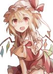  1girl :d ascot blonde_hair blush flandre_scarlet happy looking_at_viewer open_mouth reaching_out red_eyes side_ponytail skirt skirt_set smile solo tare_nu_(usesase) touhou vest wings 