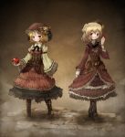  2girls aki_minoriko aki_shizuha apple arinu autumn_leaves belt_boots blonde_hair boots brown_boots corset cross-laced_footwear dress embellished_costume food fruit hair_ornament highres juliet_sleeves lace-up_boots layered_dress leather_boots long_sleeves looking_at_viewer mat multiple_belts multiple_girls puffy_sleeves red_dress red_eyes siblings sisters smile steampunk touhou 