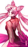  1girl bishoujo_senshi_sailor_moon black_lady blush_stickers chibi_usa crescent double_bun facial_mark forehead_mark from_behind long_hair off_shoulder older pink_hair red_eyes see-through shawl solo studded_collar tholia twintails very_long_hair 