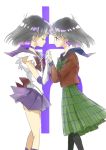  1girl 2girls bishoujo_senshi_sailor_moon black_hair closed_eyes dual_persona from_side green_skirt holding_hands long_skirt miniskirt multiple_girls pantyhose plaid plaid_skirt purple_skirt sailor_saturn saturn_symbol school_uniform serafuku short_hair skirt time_paradox tktn tomoe_hotaru white_background 