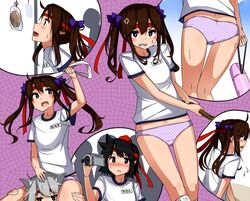  3girls ahoge anger_vein animal_ears black_hair blush bow bread_eating_race brown_hair camera carrying grey_hair gym_uniform hair_bow hat headband himekaidou_hatate inubashiri_momiji long_hair mid_win_h midriff multiple_girls multiple_views navel open_mouth panties polka_dot polka_dot_panties recording shameimaru_aya short_hair shoulder_carry sports_festival sweatdrop thermos tokin_hat touhou tug_of_war twintails underwear violet_eyes wolf_ears 