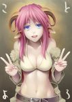  1girl 440 :d bare_shoulders belt bikini_top blue_eyes breasts cleavage double_v horns large_breasts long_hair looking_at_viewer nail_polish navel open_mouth original pink_hair sheep_horns smile solo stomach strap_gap v 