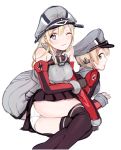  bismarck_(kantai_collection) blonde_hair blue_eyes gloves green_eyes hat highres kantai_collection long_hair naaran one_eye_closed panties peaked_cap prinz_eugen_(kantai_collection) smile twintails underwear uniform 