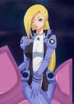  1girl blonde_hair blue_eyes bodysuit breasts earrings gundam gundam_g_no_reconguista highres jewelry large_breasts long_hair looking_at_viewer m_(masa11051105) mick_jack one_eye_closed solo space very_long_hair 
