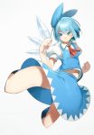  1girl blue_eyes blue_hair bow cirno hair_bow highres ice ice_wings puffy_short_sleeves puffy_sleeves shirt short_sleeves skirt skirt_set sofa_(enogunomu) solo touhou vest wings 