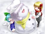  2girls :d blonde_hair blue_eyes blue_hair bow cirno dress fang hair_bow hair_ribbon hat ice ice_wings letty_whiterock multiple_girls objectification open_mouth pantyhose qbthgry red_eyes ribbon rumia scarf shirt short_hair silver_hair skirt smile snow snowman touhou vest wings 